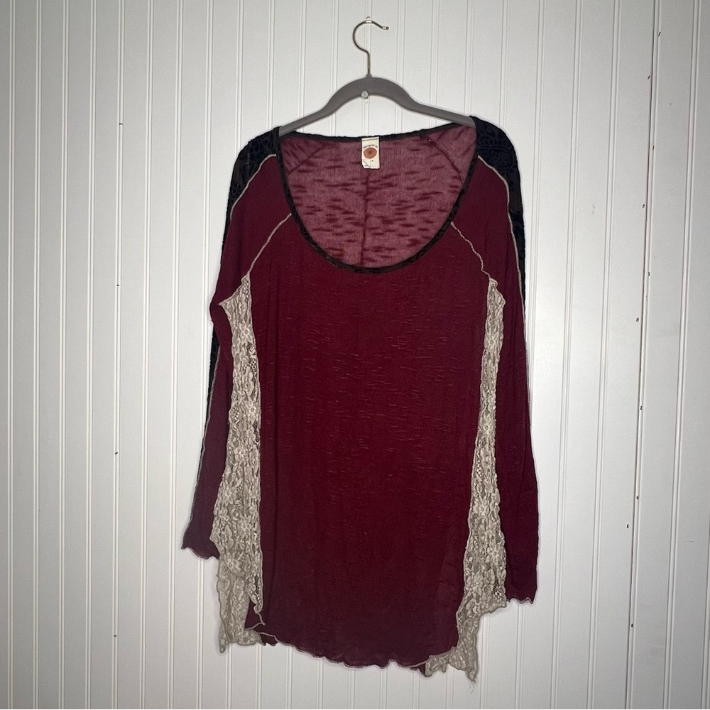 Marigold LA Boho Long Sleeve Blouse Velvet Floral Trim & Lace Detail Large